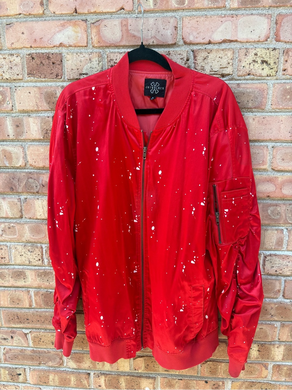 Macy's Red Bomber Jacket with White Paint Splatter